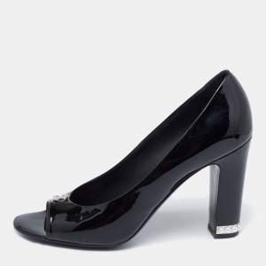 Pre Owned Chanel Black Patent Leather Embellished Open Toe  Pumps Size 38.5
