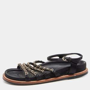 Pre Owned صندل شانيل ساتان وجلد أسود سير بوصلة سلسلة شعارماركة سي سي مقاس 39