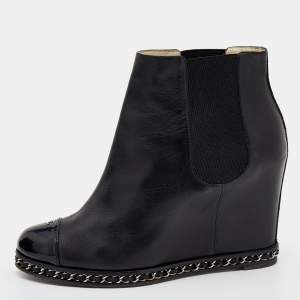 Chanel Black Leather CC Cap Toe Chain Wedge Ankle Boots Size 40.5