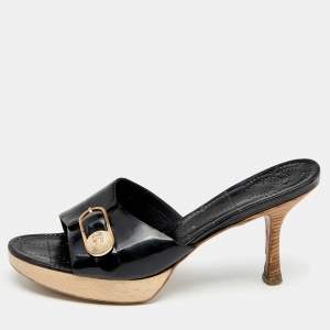 Chanel Vintage Black Patent Leather Slide Sandals Size 39