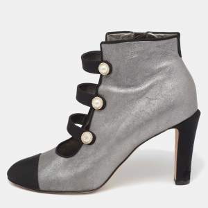 Chanel metallic Silver/Black Leather And Canvas Faux Pearl CC Fabric Cap Toe Booties Size 41