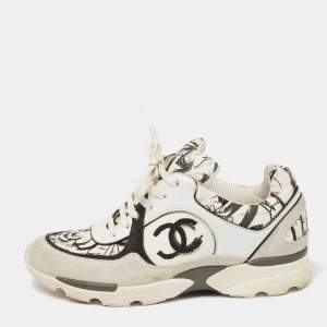 Pre Owned Chanel Grey/White Leather And Suede Graffiti CC Trainers Sneakers Size 37