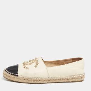 Pre Owned Chanel  Beige/Black Leather CC Cap Toe Flat Espadrilles Size 41