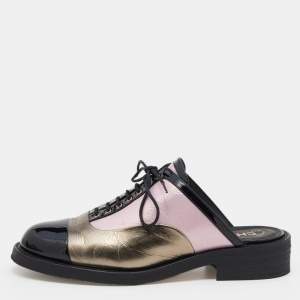Chanel Tricolor Patent And Foil Leather Lace Up Mule Sandals Size 40