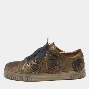 Pre Owned Chanel Metallic Bronze Nubuck Leather Camellia Lace Up Sneakers Size 35