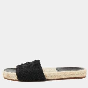 Pre Owned Chanel Black Tweed CC Flat Espadrille Slides Size 37