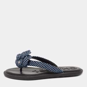 Chanel Blue Tweed Camellia Thong Flat Sandals Size 37.5