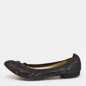Pre Owned Chanel Black Shimmering Suede CC Ballet Flats Size 36.5