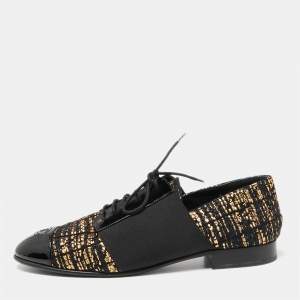 Pre Owned Chanel Black/Gold Tweed And Patent Cap Toe Oxfords Size 38