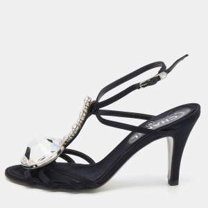 Chanel Black Satin Diamante Strappy Sandals Size 37