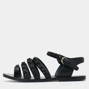 Chanel Black Leather Chain Flat Sandals Size 36.5