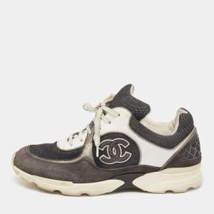Pre Owned Chanel Black/Grey Suede And Leather CC Logo Lace Up Sneakers Size 40
