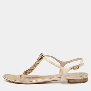 Chanel Beige Leather CC Coin Thong Strap Flat Sandals Size 41