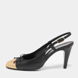 Pre Owned Chanel Black/Gold Leather Bow CC Cap-Toe Slingback Pumps Size 38