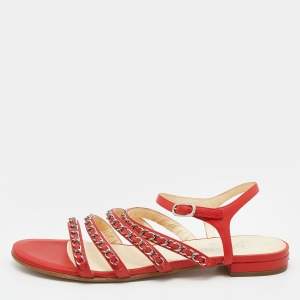 Chanel Red Leather Chain Detail Strappy Flat Sandals Size 39.5