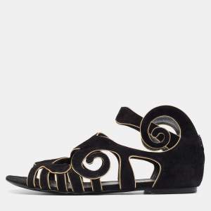 Chanel Black/Gold Suede Gladiator Flat Sandals Size 38.5