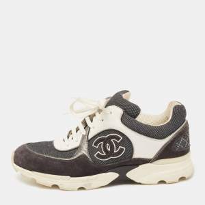 Pre Owned Chanel Black/White Suede And Canvas CC Low Top Sneakers Size 39.5