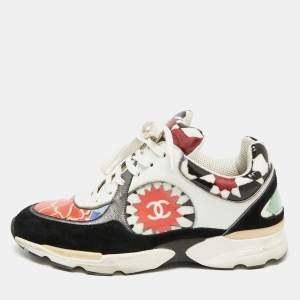 Pre Owned Chanel Multicolor Printed Patent Leather and Suede CC Lace Sneakers Size 36.5