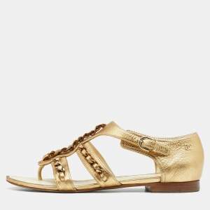 Chanel Metallic Gold  Leather Chain Detail Strappy Flat Sandals Size 39.5