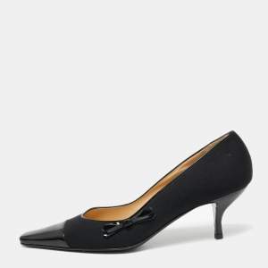 Pre Owned Chanel Black Canvas and Patent Leather Square Cap-Toe Bow Pumps Size 41