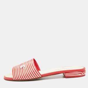 Chanel Red/White Leather CC logo Flat Sandals Size 38.5
