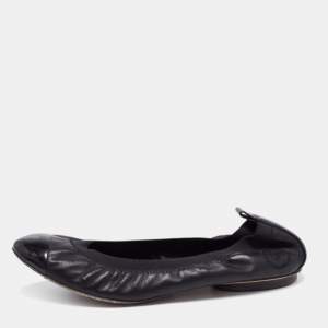 Pre Owned Chanel Black Leather and Patent Leather Cap Toe Scrunch Ballet Flats Size 38
