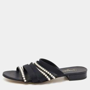Chanel Black Fabric Pearl Embellished CC Strappy Slide Sandals Size 39