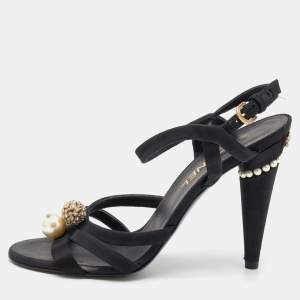 Pre Owned Chanel Black Satin And Fabric Embellished Strappy Sandals Size 39.5
