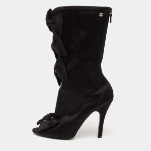 Chanel Black Satin CC Bow Detail Peep Toe Mid Calf Boots Size 39.5