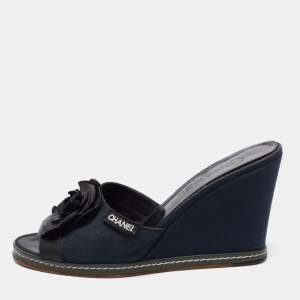 Chanel Blue/Black Camellia Slide Wedge Sandals Size 40.5