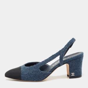 Chanel Navy Blue/Black Tweed And Canvas Cap Toe Slingback Sandals Size 36