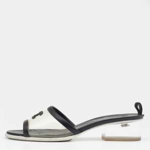 Chanel Black Leather And PVC CC Block Heel Slide Sandals Size 40