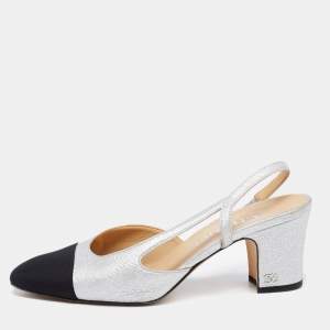 Pre Owned Chanel Silver/Black Leather and Fabric Cap Toe Slingback Sandals Size 36