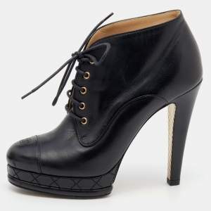 Chanel Black Leather CC Cap Toe Lace Up Platform Ankle Boots Size 38