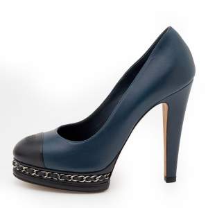 Pre Owned Chanel Navy Blue/Black Leather CC Cap Toe Chain Platform Pumps Size 38