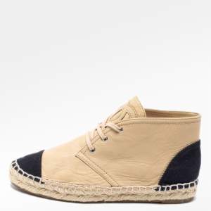 Pre Owned Chanel Beige Leather And Black Canvas Cap Toe High Top Espadrille  Sneakers Size 36