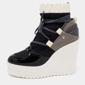 Chanel Multicolor Suede And Patent Wedge Ankle Boots Size 38.5