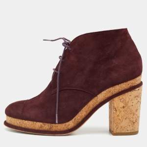 Chanel Burgundy Suede Cap Toe Lace Up Booties Size 38