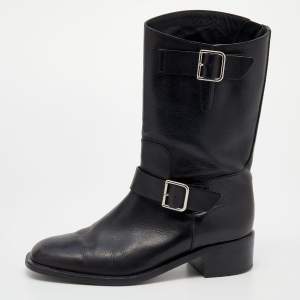 Chanel Black Leather Double Buckle CC Ankle Length Boots Size 39