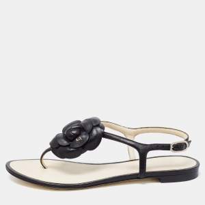 Pre Owned حذاء فلات بإصبع شانيل كاميليا جلد أسود مقاس 36