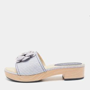 Chanel Blue/White Leather CC Flower Platform Slide Sandals Size 39