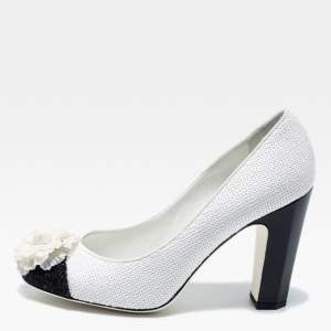 Pre Owned Chanel Black/White Sequins Escarpins Camellia CC Pumps Size 38.5