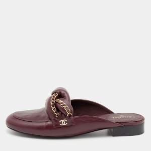 Pre Owned Chanel Burgundy Leather Braided Chain Flat Mules Size 41