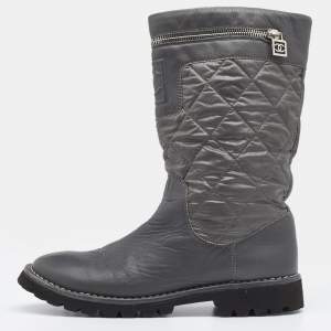 Chanel Grey Quilted Nylon And Leather Motorcycle Mid Calf Boots Sie 39