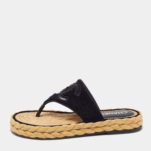 مملوكة مسبقًا Chanel Black Tweed and Mesh CC Thong Flats Size 39