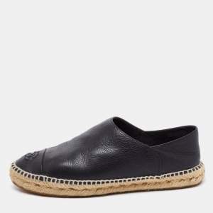 Pre Owned Chanel Black Leather CC Cap Toe Slip On Espadrille Flats Size 40