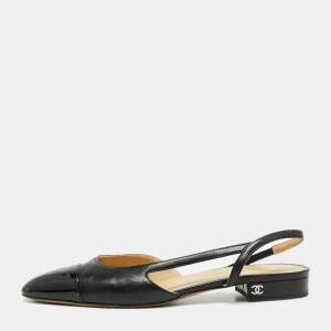 Chanel Black Leather And Patent Leather CC Cap Toe Flat Slingback Sandals Size 39