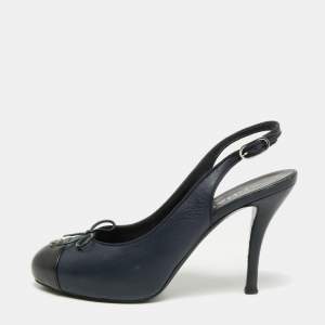 Chanel Blue/Black Leather Cap Toe Slingback Platform Sandals Size 38.5 