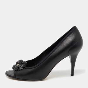 Pre Owned Chanel Black Leather CC Camellia Peep Toe Pumps Size 40