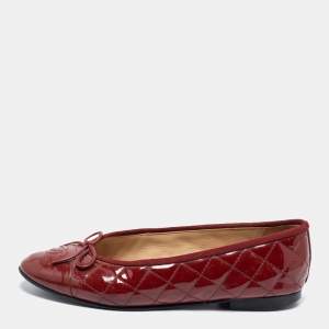 Pre Owned Chanel Red Quilted Patent Leather CC Bow Cap Toe Ballet Flats Size 38.5